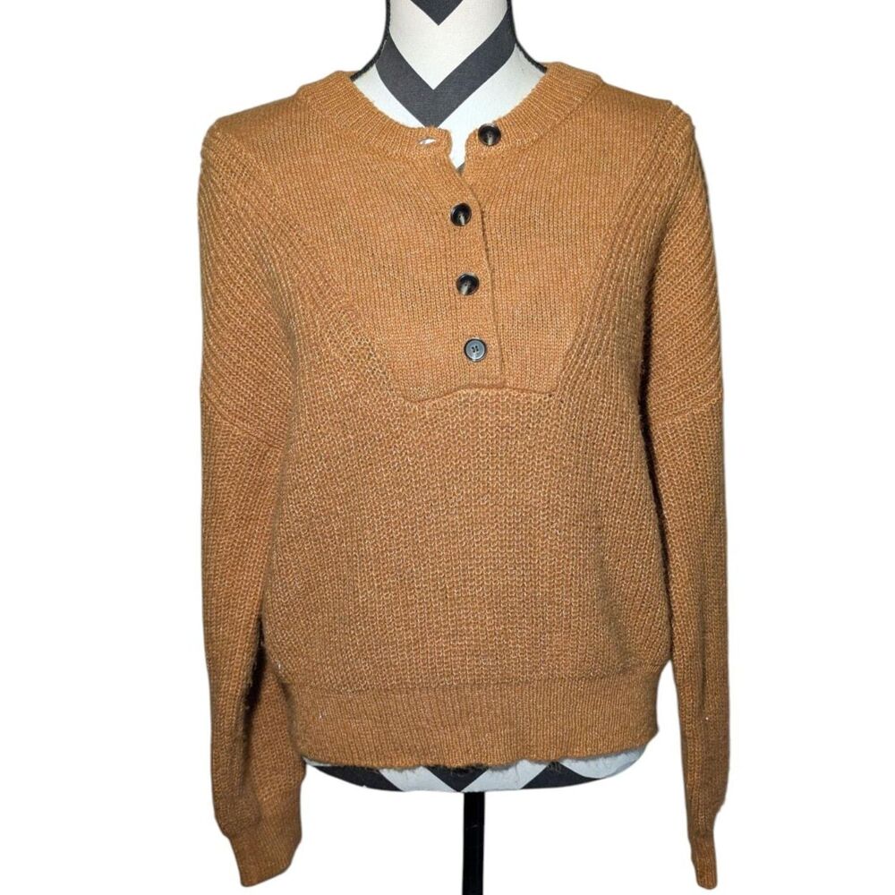 Elodie Burnt Orange Chunky Knit Henley Sweater Medium Button Front Pullover
